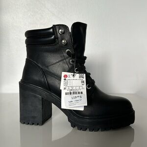 NWT Zara Leather Black Heeled Lace-Up Ankle Boots - 6.5